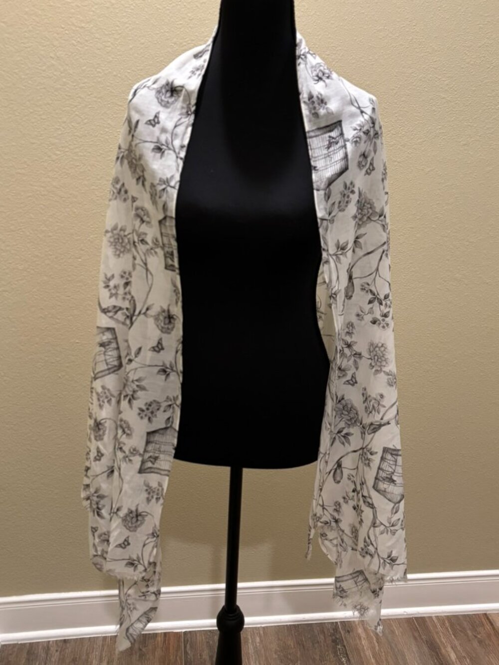 Black White Birdcage Floral Scarf Wrap